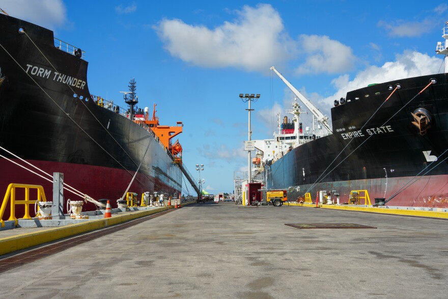 Merchant tanker Empire State receives fuel from Red Hill Bulk Fuel Storage Facility, as merchant tanker Torm Thunder awaits to receive fuel at Joint Base Pearl Harbor-Hickam on Oct. 17, 2023. (DoD photo by U.S. Marine Corps Cpl. Gabrielle Zagorski)