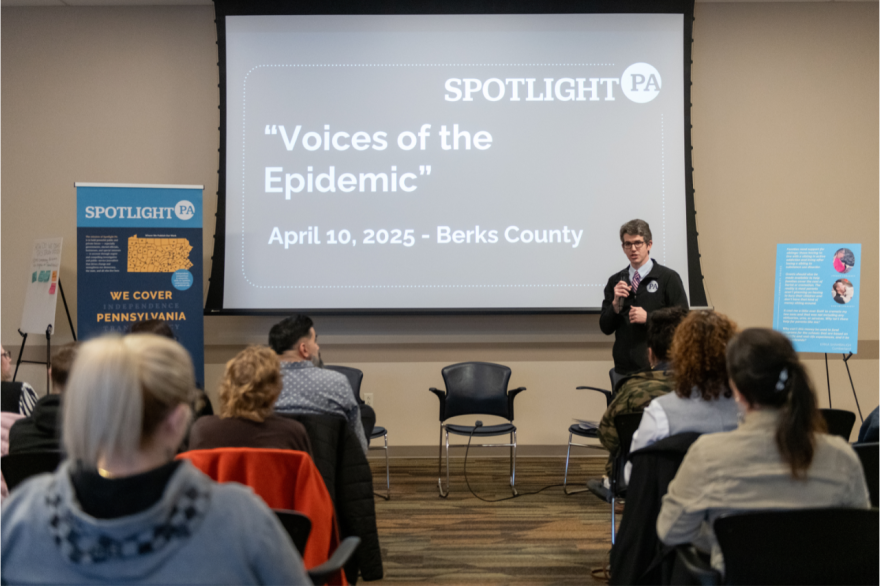 Spotlight PA reporter Ed Mahon addresses the crowd during a community forum in Berks County in April 2025. (Susan L. Angstadt / For Spotlight PA)