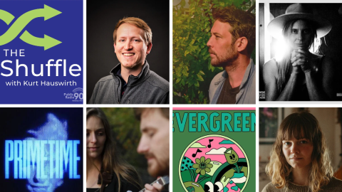 Decorative collage of album art and featured artists