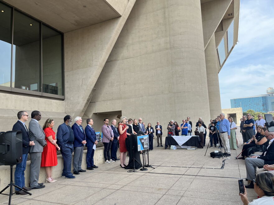 Former Dallas Mayor Laura Miller speaks at a press conference for the Save Dallas City Hall Coalition on September 24, 2026.