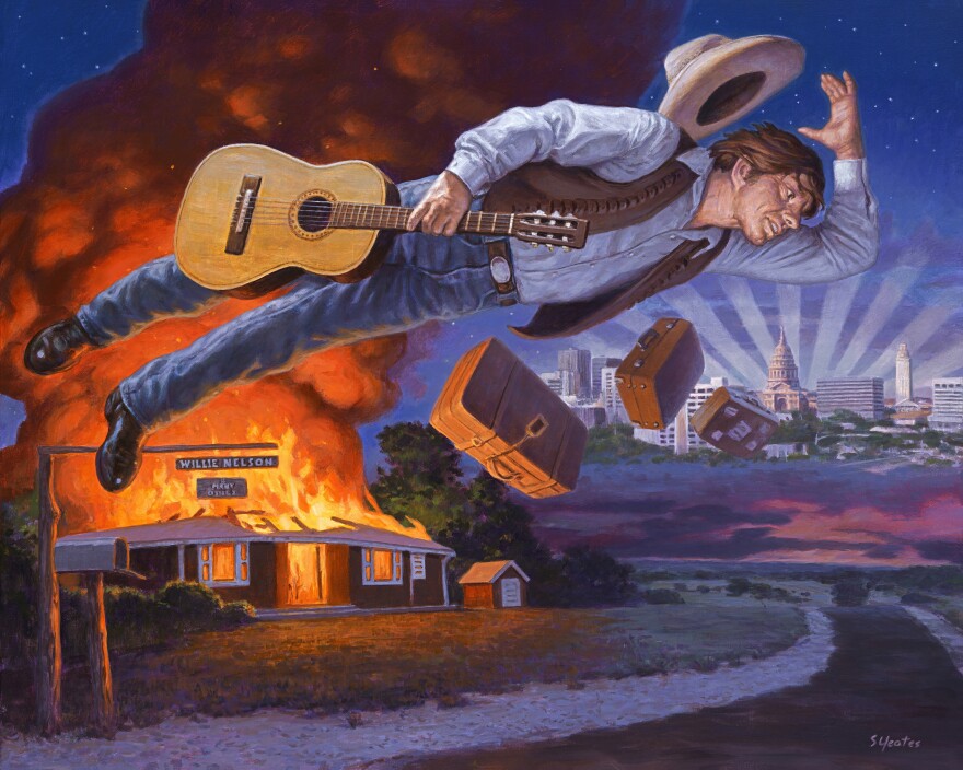 "Willie's Fire," an illustration by Sam Yeats made for the Country Music Hall of Fame and Museum's "Outlaws & Armadillos: Country's Roaring '70s" exhibition.