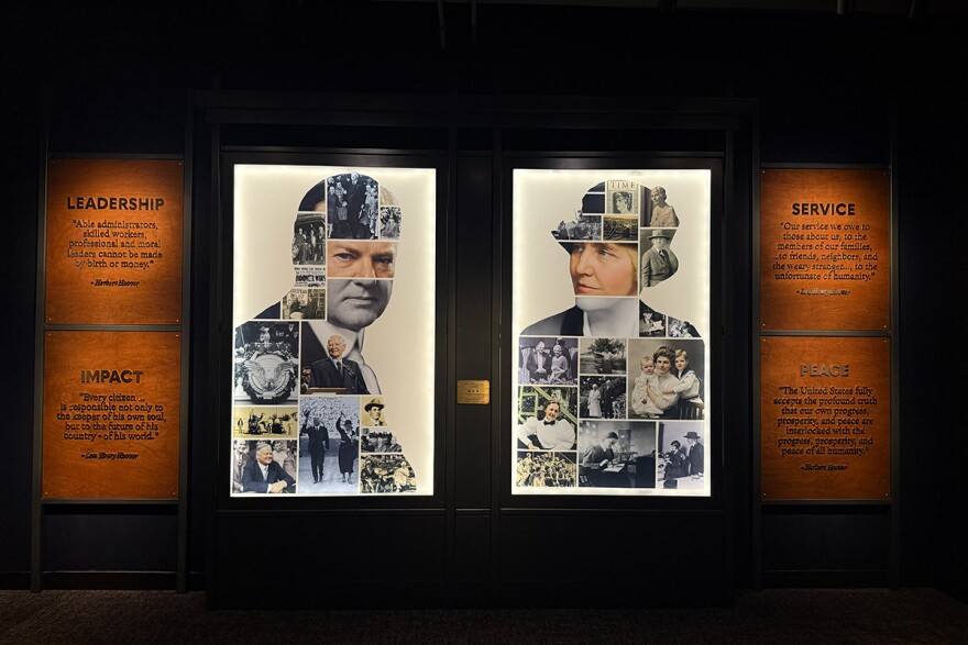 A photo collage of images of Herbert Hoover and Lou Henry Hoover are displayed at the museum. 