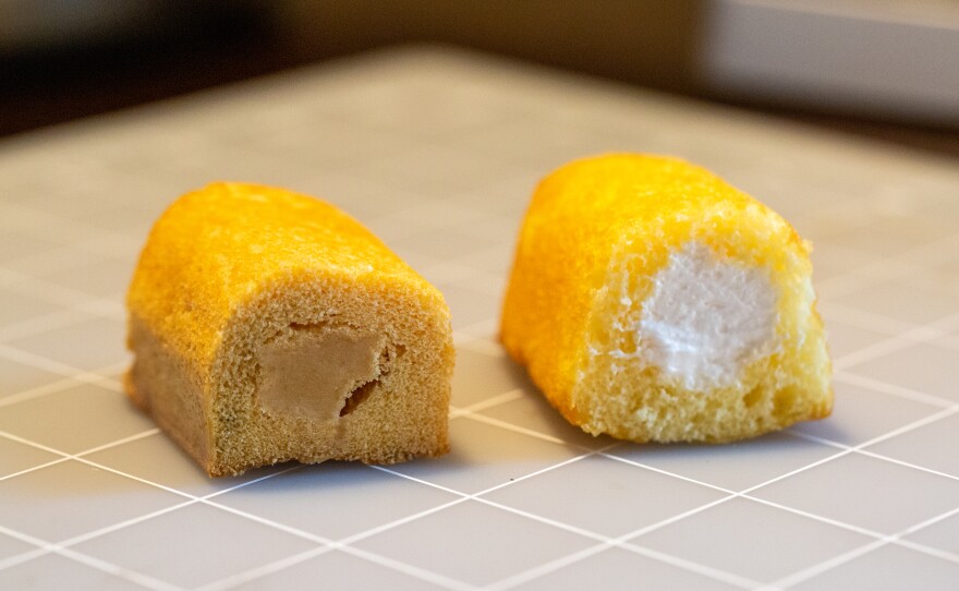 Purrington compared the cross section and filling of a Twinkie from 2012 (left) with one from this year.