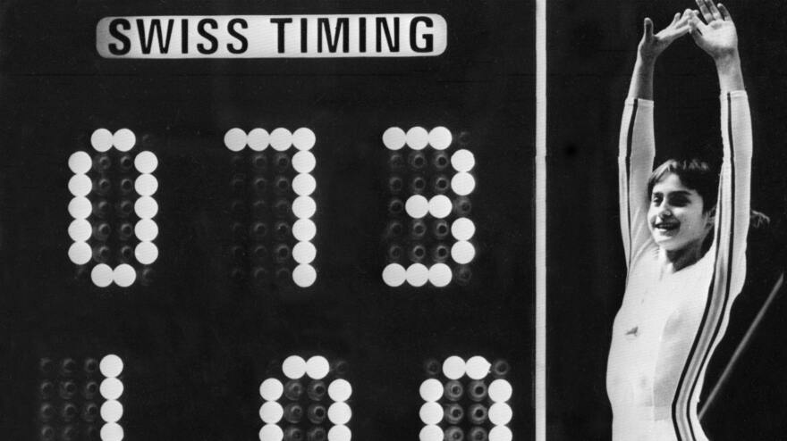 Romanian Olympic gymnastics champion Nadia Comaneci celebrates a perfect score during the 1976 Olympic Games in Montreal.