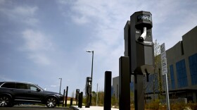 Electric vehicle charging stations setup to also charge for the service in Area 1 premium & commuter parking at the University of Connecticut in Storrs and on campuses across the state. Storrs, Connecticut May 09, 2023.