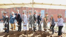 Representatives take part in a ceremonial groundbreaking for the new Gray Design Building at UK.From left: Eric Monday, Bob Hafferman, Kevin Atkins, Jim Gray, Robert DiPaola, Don Witt, Robert Vance, Mitzi Vernon, Juliane Wolf and Jeanne Gang.