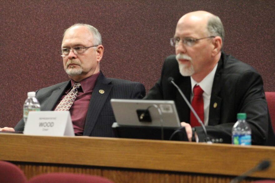 Missouri Rep. David Wood, right, questioned the direction of the university during Wednesday's committee hearing.