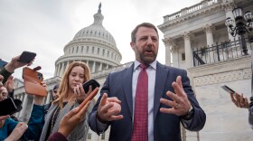 Sen. Markwayne Mullin, R-Okla., speaks with reporters on the steps at the Capitol in Washington, Thursday, March 5, 2026.