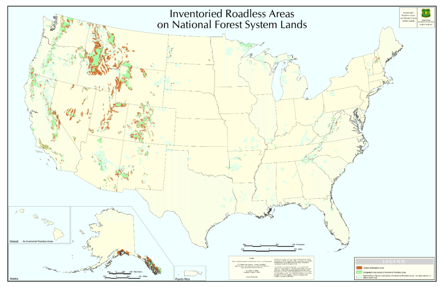 A map of roadless areas on National Forest System lands. The vast majority of those lands are in the West and Alaska.
