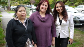 Irene Velazquez, Araceli Hernandez and Angela Escoz prepare for a 100-mile pilgrimage to greet Pope Francis.
