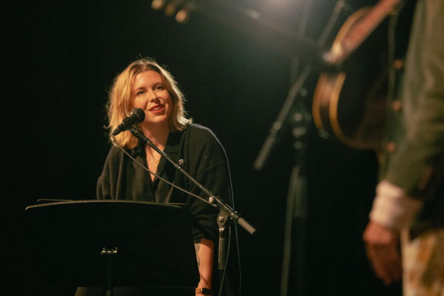 "World Cafe" host Raina Douris conducts an interview. (Courtesy of Paige Walter)