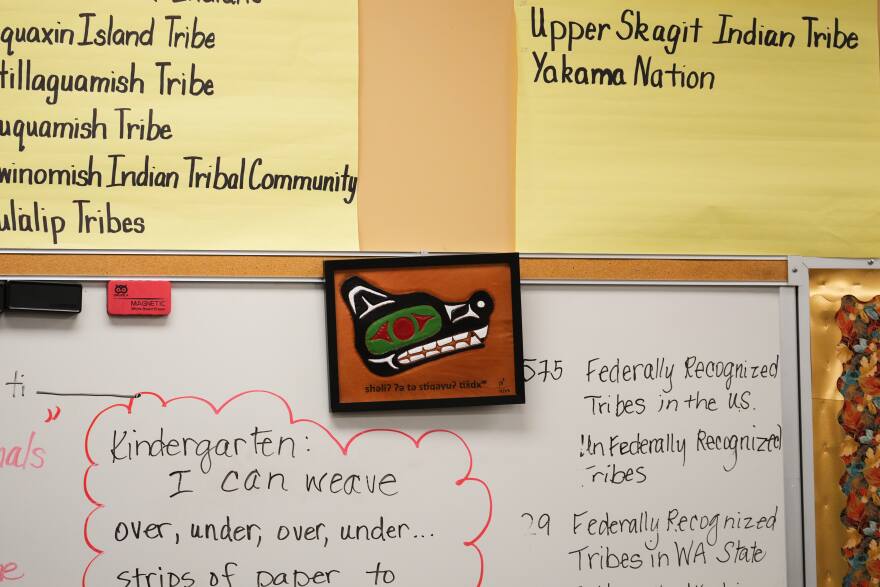 Names of tribes are seen on the walls of a culture classroom at Chief Leschi Schools, which has improved its graduation rates with a career and technical education program, Wednesday, March 18, 2026, in Puyallup, Wash.