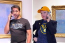 two images of people standing in front of paintings while talking on the phone, a man in a rays tshirt on the left and a woman in a milwaukee brewers tshirt (and a black blazer) on the right 