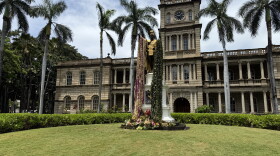 Aliʻiōlani Hale in Honolulu, the home of the Hawaiʻi State Supreme Court, with the statue of Kamehameha the Great covered with lei on June 14, 2026, in honor of King Kamehameha Day 2026, which was observed on June 11, 2026.