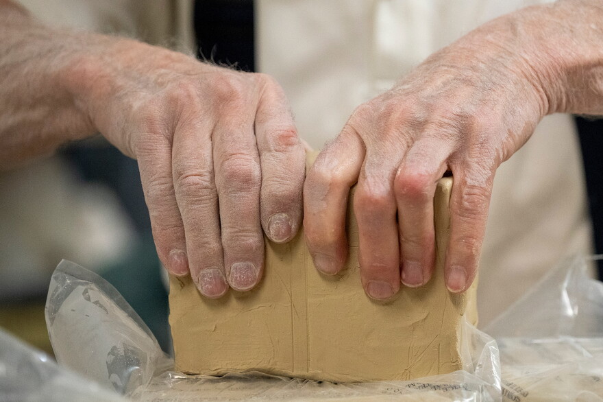 Michael Wendt separates clay on Tuesday, Jan 27, 2026 at Wendt Pottery in Lewiston.