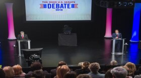Sen. Sherrod Brown, D-Ohio, left, and Rep. Jim Renacci, R-Ohio, participate in a debate at the Idea Center in Playhouse Square, Sunday, Oct. 14, 2018, in Cleveland. 