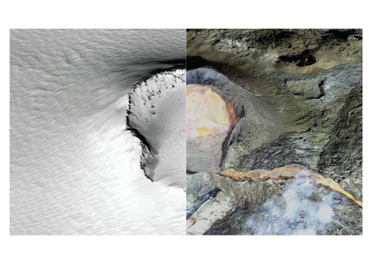 A volcanic feature on Mars, left, and a spatter cone in Iceland.