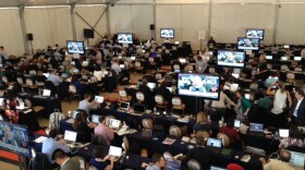 Reporters covering the Republican Party presidential debate in 2015 in Simi Valley.