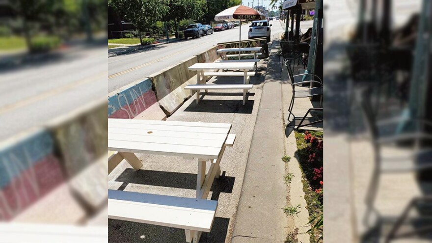 Sweet Moses, an ice cream shop and soda fountain in Cleveland's Detroit-Shoreway neighborhood, set up picnic tables on Detroit Avenue to allow for more socially distant dining. [Sweet Moses]