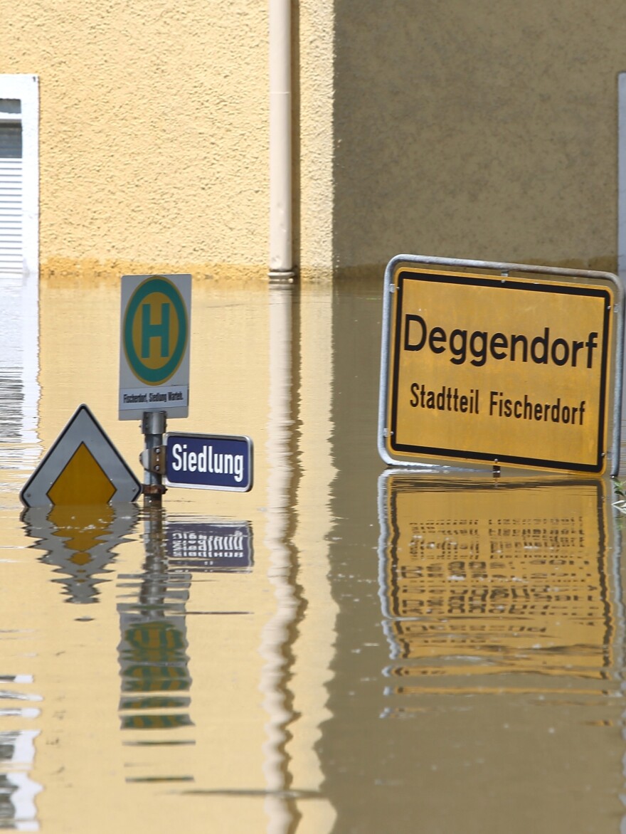 A submerged sign in the floods in Deggendorf, southern Germany, on June 5, 2013.