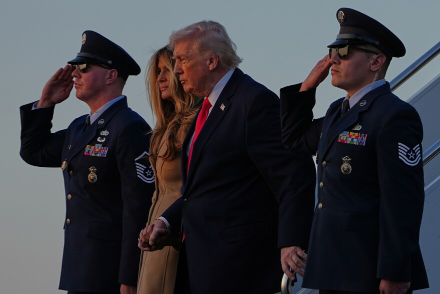 President Donald Trump and first lady Melania Trump arrive on Air Force One, at Palm Beach International Airport in West Palm Beach, Fla., Friday, Feb. 13, 2026.