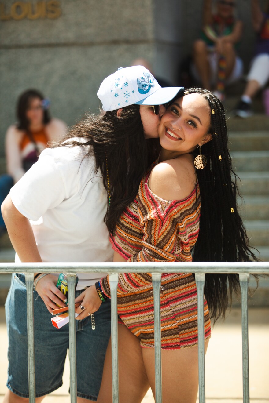 Mikayla Faulkner kisses Diamond Riley during the annual Pride parade in downtown St. Louis on Sunday, June 28, 2026.