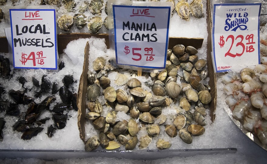 Oysters, mussels and clams are shown on Tuesday, January 9, 2018, at City Fish Co. at Pike Place Market in Seattle. 