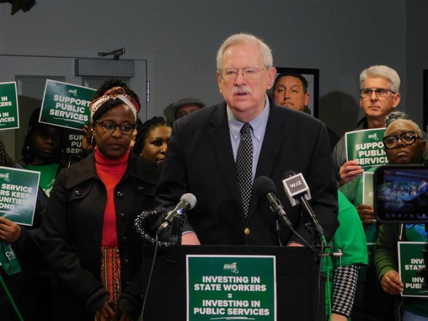 Senate Budget and Taxation Committee Vice Chair Sen. Jim Rosapepe speaks in support of boosting wages for ASFCME Maryland Council 3 members at a rally Wednesday, January 14, 2026 in the Maryland State & DC AFL-CIO Building in Annapolis, Md.