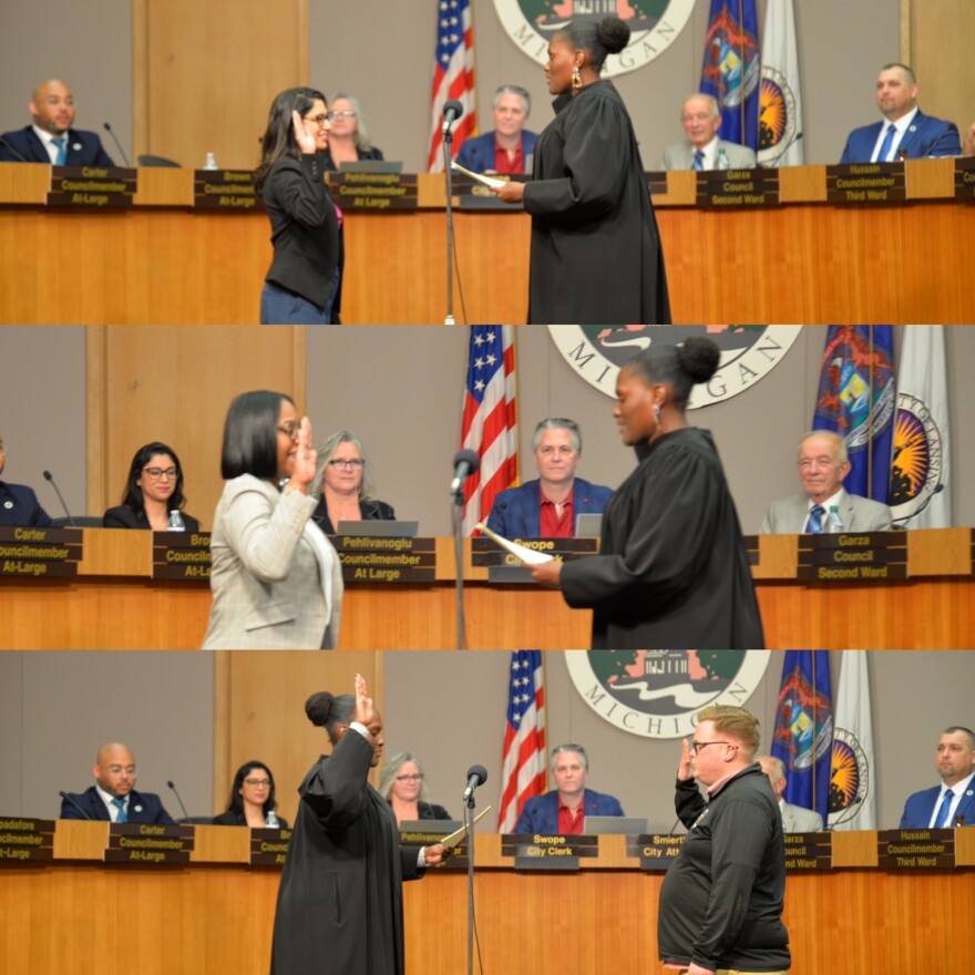A collage of three different councilmembers being sworn in.