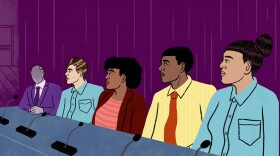 An illustration of four elected officials sitting at a table with a mystery person in the final seat.