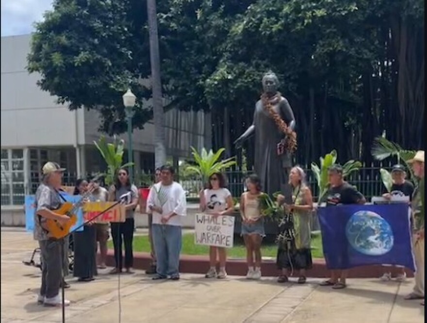 A screenshot of the RIMPAC protest at the State Capitol on Aug. 4, 2026.