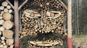 wood stacked outside to look like a face with a beard