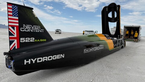 The JCB Hydromax sits on the Bonneville Salt Flats in Wendover, Utah, where Andy Green aims to drive it to a land speed record for cars powered by hydrogen internal combustion engines, Monday, Aug. 10, 2026.