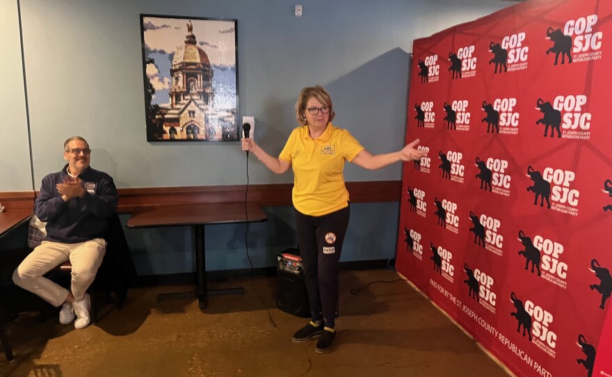 Republican St. Joseph County Clerk Amy Rolfes addresses the crowd Tuesday at the Republicans' Dyngus Day event at Allie's Cafe in South Bend's River Park area.