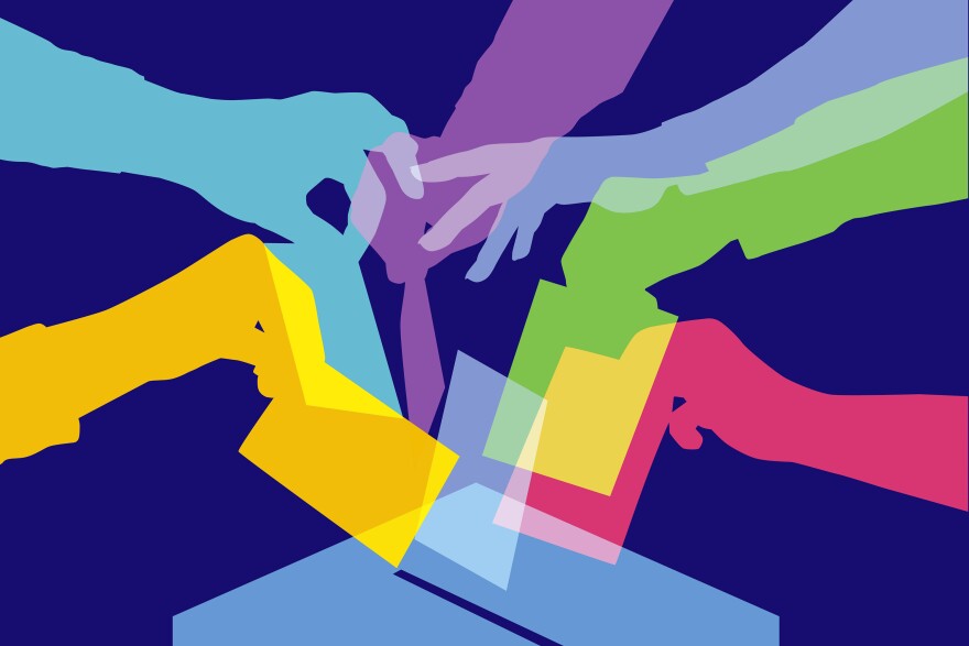 Colorful overlapping silhouettes of people voting. 