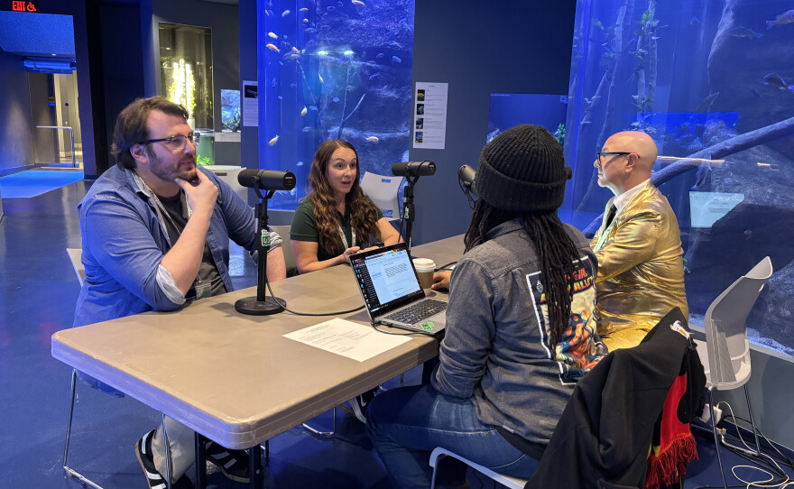 The Fabulous 413 speaks to museum staff, Chief Curator William Dore and aquarium manager Jordan Williams.