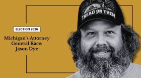 Campaign graphic for Michigan’s 2026 attorney general race: smiling Jason Dye wears a “Tread on Them” cap against a mustard-yellow background, with bold black text.