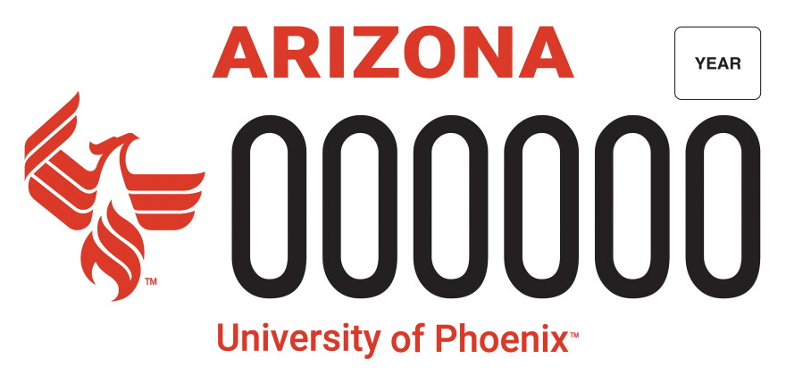 The new redesign of the University of Phoenix plate.