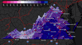 A National Weather Service forecast map shows the lowest wind chill temperatures expected across Virginia from Thursday to Sunday.