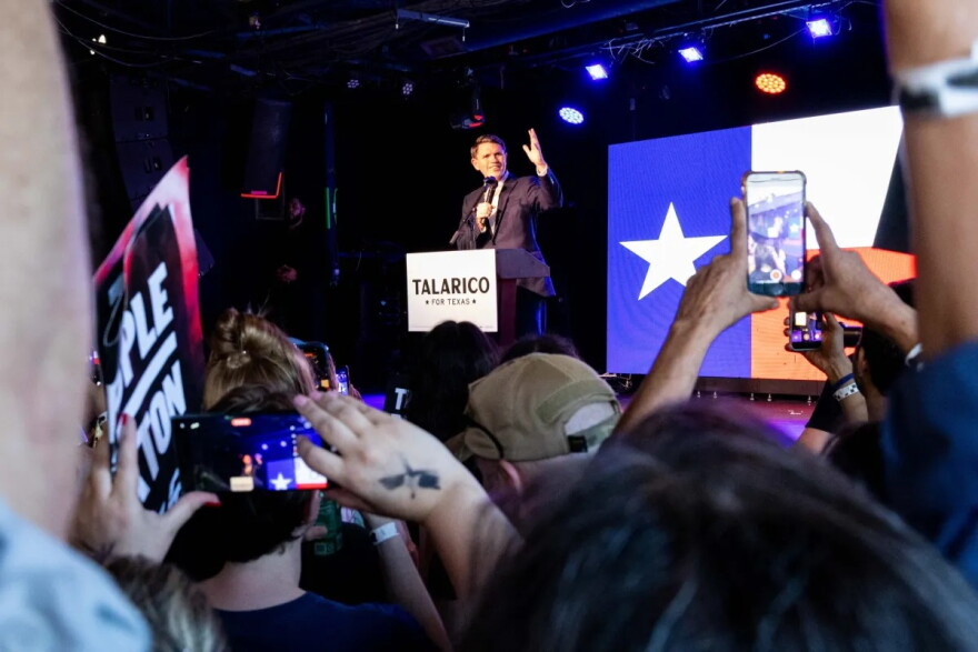 Democratic supporters and voters cheer for Senate candidate James Talarico on Friday.
