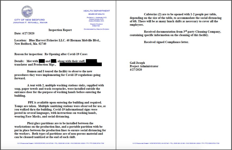 An inspection report from the New Bedford Health Department following the temporary closure of Blue Harvest Fisheries after COVID-19 cases were discovered at the plant in late April.