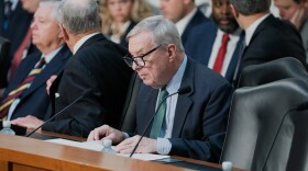 U.S. Sen. Dick Durbin speaking at a Senate hearing with lawmakers and others seated near and behind him