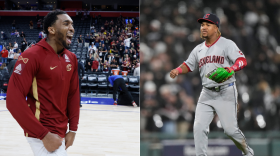 Side-by-side photos: Cleveland Cavaliers guard Donovan Mitchell celebrates as he leaves the court following a win over the Detroit Pistons in Game 7 in a second-round NBA basketball playoffs series Sunday, May 17, 2026, in Detroit. | Cleveland Guardians' Jose Ramirez celebrates after winning Game 4 of baseball's American League Division Series against the Chicago White Sox, Thursday, Oct. 8, 2026, in Chicago.