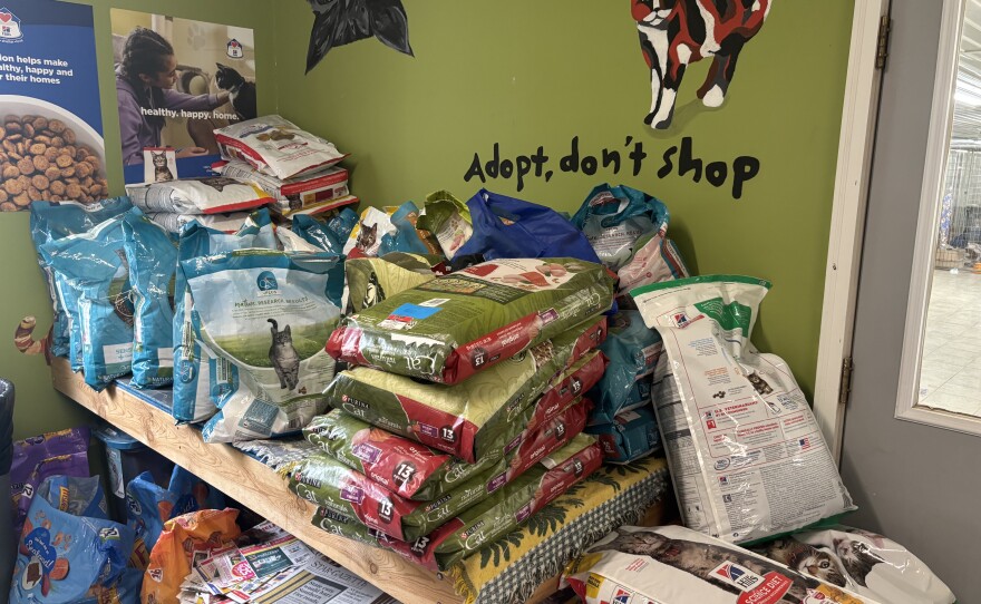 Food supplies at Animal Care Sanctuary in Bradford County. The shelter takes care of about 140 animals — 110 cats and 30 dogs.