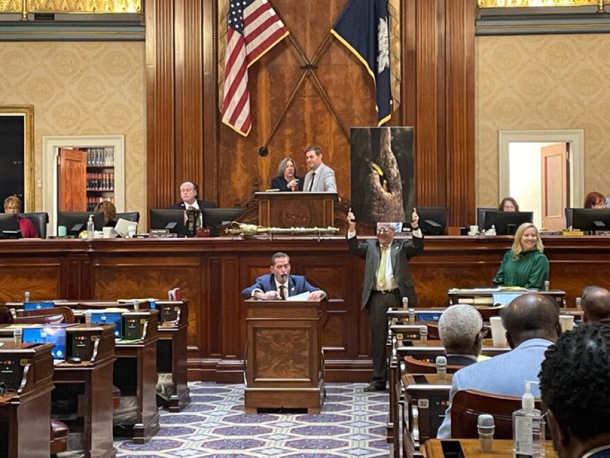 S.C. Rep. Cal Forrest, R-Saluda, speaks from the House floor on Feb. 19, 2026, about legislation to make the Prothonotary Warbler South Carolina's official state migratory bird as Rep. Bill Hixon, R-Edgefield, holds a photo of the bird.