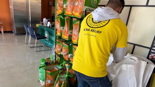 A worker prepares food packages for distribution to clients visiting ICNA Relief's food pantry in St. Louis (photo submitted).