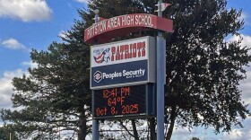 The entrance to the Pittston Area School District High School campus is seen Wednesday afternoon. District officials issued a statement saying they cannot comment on personnel matters in response to questions about this week's arrest of Superintendent Kevin Booth.