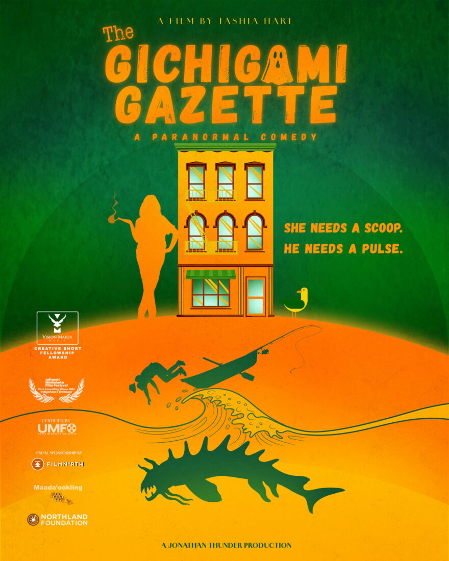 Green and yellow poster for "The Gitchigami Gazette"; negative space images of a woman smoking and leaning against a building, and a man falling from a rowboat toward a large fish