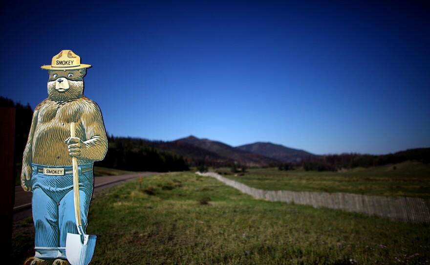 A Smokey the Bear fire prevention sign sits in Valles Caldera along Highway 4, which was one of the front lines in fighting the Las Conchas Fire in 2011.