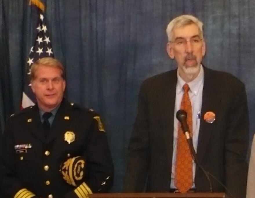 Chief Jim Corwin and Mayor Mark Funkhouser in a press conference at the Jackson County Courthouse. Photo by Sylvia Maria Gross / KCUR.